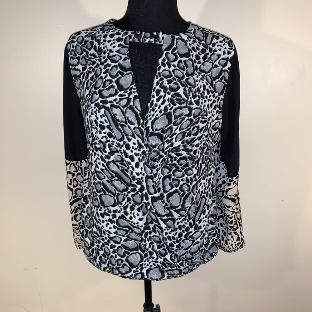 BCBGMaxAzria Black and White Animal Print Wrap Blouse